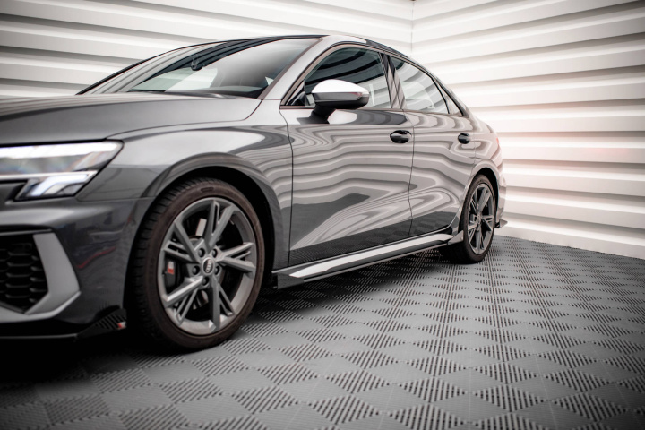 Audi S3 / A3 S-Line 8Y / 8Y Facelift 2020-2024 Street Pro Side Skirts Diffusers + Flaps V.1 Black-Red + Gloss Flaps Maxton Design in the group Select car model / Audi / A3 - S3 - RS3 (8Y) 2020+ / Styling at DDESIGN Scandinavia AB (AUA38YSLINECNCSD1BRBSRF1G)
