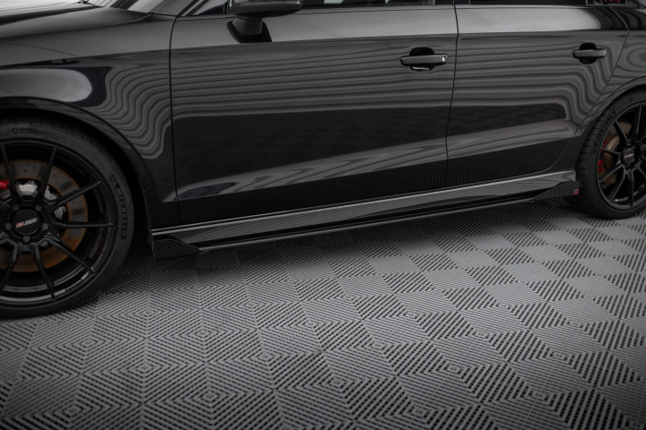 Audi RS3 Sedan 8V Facelift 2016- 2020 Street Pro Side Skirts Diffusers V.1 + Flaps Black-Red + Gloss Flaps Maxton Design in the group Select car model / Audi / A3 - S3 - RS3 (8V) 2012-2019 / Styling at DDESIGN Scandinavia AB (AURS38VFSCNC-SD1BRB-SF1G)