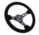 Reinforced Steering Wheel - 350mm Sport Steering Wheel (3\'\' Deep) - Black Spoke Suede Black Stitch