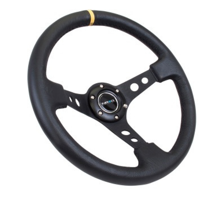 Premium Leather Black Stitch 350mm, 3\'\' Deep Dish Black Spoke w/ Round Holes w/ Yellow Center Mark in the group Interior / Steering Wheels & Hubs / Sports steering wheels & Wooden steering wheels / Drifting Steering Wheels at DDESIGN Scandinavia AB (NRG-RST-006BK-Y)