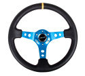 Reinforced Steering Wheel - 350mm Sport Steering Wheel (3\'\' Deep) - Blue Spoke w/ Round holes / Black Leather with yellow center marking