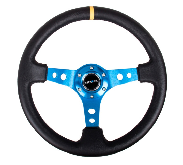 Reinforced Steering Wheel - 350mm Sport Steering Wheel (3\'\' Deep) - Blue Spoke w/ Round holes / Black Leather with yellow center marking in the group Interior / Steering Wheels & Hubs / Sports steering wheels & Wooden steering wheels / Drifting Steering Wheels at DDESIGN Scandinavia AB (NRG-RST-006BL-Y)