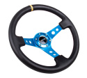 Reinforced Steering Wheel - 350mm Sport Steering Wheel (3\'\' Deep) - Blue Spoke w/ Round holes / Black Leather with yellow center marking