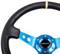Reinforced Steering Wheel - 350mm Sport Steering Wheel (3\'\' Deep) - Blue Spoke w/ Round holes / Black Leather with yellow center marking