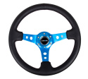 Reinforced Steering Wheel - 350mm Sport Steering Wheel (3\'\' Deep) - Blue Spoke w/ Round holes / Black Leather
