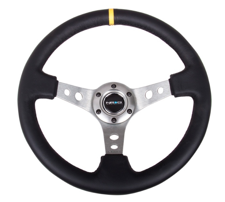 Reinforced Steering Wheel - 350mm Sport Steering Wheel (3\'\' Deep) - Gun Metal Spoke w/ Round holes / Black Leather / Yellow Center Mark in the group Interior / Steering Wheels & Hubs / Sports steering wheels & Wooden steering wheels / Drifting Steering Wheels at DDESIGN Scandinavia AB (NRG-RST-006GM-Y)