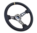 Reinforced Steering Wheel - 350mm Sport Steering Wheel (3\'\' Deep) - Gun Metal Spoke w/ Round holes / Black Leather / Yellow Center Mark