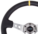 Reinforced Steering Wheel - 350mm Sport Steering Wheel (3\'\' Deep) - Gun Metal Spoke w/ Round holes / Black Leather / Yellow Center Mark