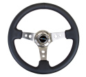 Reinforced Steering Wheel - 350mm Sport Steering Wheel (3\'\' Deep) - Gun Metal Spoke w/ Round holes / Black Leather