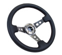 Reinforced Steering Wheel - 350mm Sport Steering Wheel (3\'\' Deep) - Gun Metal Spoke w/ Round holes / Black Leather