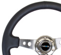 Reinforced Steering Wheel - 350mm Sport Steering Wheel (3\'\' Deep) - Gun Metal Spoke w/ Round holes / Black Leather