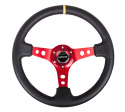 Reinforced Steering Wheel - 350mm Sport Steering Wheel (3\'\' Deep) - Red Spoke w/ Round holes / Black Leather / Yellow Center Mark