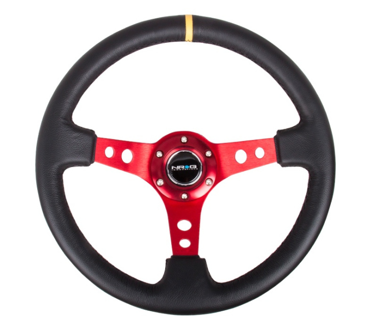 Reinforced Steering Wheel - 350mm Sport Steering Wheel (3\'\' Deep) - Red Spoke w/ Round holes / Black Leather / Yellow Center Mark in the group Interior / Steering Wheels & Hubs / Sports steering wheels & Wooden steering wheels / Drifting Steering Wheels at DDESIGN Scandinavia AB (NRG-RST-006RD-Y)