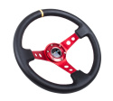 Reinforced Steering Wheel - 350mm Sport Steering Wheel (3\'\' Deep) - Red Spoke w/ Round holes / Black Leather / Yellow Center Mark