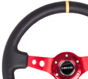 Reinforced Steering Wheel - 350mm Sport Steering Wheel (3\'\' Deep) - Red Spoke w/ Round holes / Black Leather / Yellow Center Mark