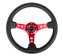 Reinforced Steering Wheel - 350mm Sport Steering Wheel (3\'\' Deep) - Red Spoke w/ Round holes / Black Leather