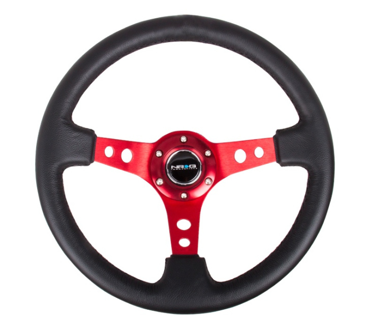 Reinforced Steering Wheel - 350mm Sport Steering Wheel (3\'\' Deep) - Red Spoke w/ Round holes / Black Leather in the group Interior / Steering Wheels & Hubs / Sports steering wheels & Wooden steering wheels / Drifting Steering Wheels at DDESIGN Scandinavia AB (NRG-RST-006RD)