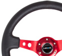 Reinforced Steering Wheel - 350mm Sport Steering Wheel (3\'\' Deep) - Red Spoke w/ Round holes / Black Leather