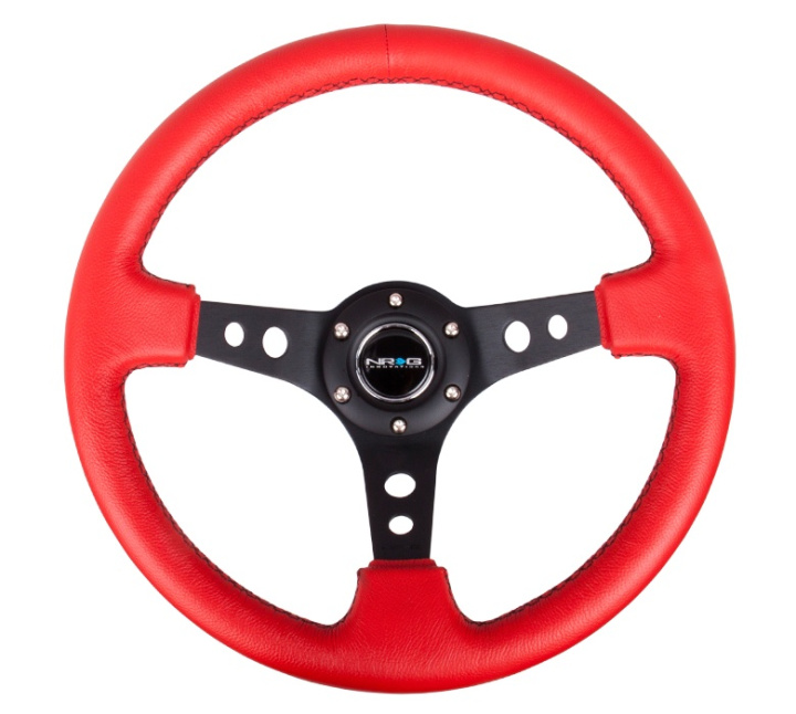 Reinforced Steering Wheel - 350mm Sport Steering Wheel (3\'\' Deep) - Black Spoke w/ Round holes / Red Leather / Black Stitch in the group Interior / Steering Wheels & Hubs / Sports steering wheels & Wooden steering wheels / Drifting Steering Wheels at DDESIGN Scandinavia AB (NRG-RST-006RR-BS)