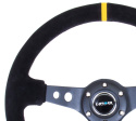 Reinforced Steering Wheel - 350mm Sport Steering Wheel (3\'\' Deep) - Suede Black Stitch w/ Yellow Center Mark