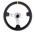 Reinforced Steering Wheel - 350mm Sport Steering Wheel (3\'\' Deep) - SILVER Spoke w/ Round holes / Black Leather / Yellow Center Mark