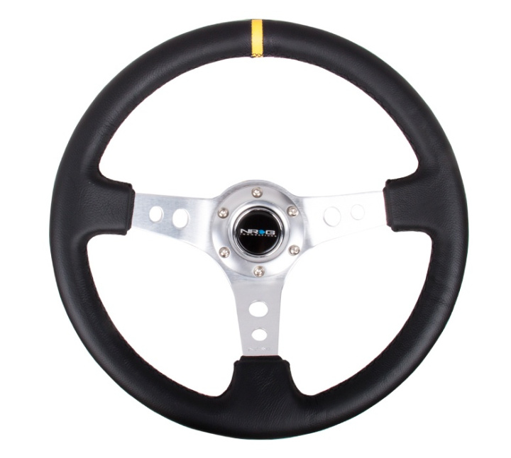 Reinforced Steering Wheel - 350mm Sport Steering Wheel (3\'\' Deep) - SILVER Spoke w/ Round holes / Black Leather / Yellow Center Mark in the group Interior / Steering Wheels & Hubs / Sports steering wheels & Wooden steering wheels / Drifting Steering Wheels at DDESIGN Scandinavia AB (NRG-RST-006SL-Y)