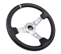 Reinforced Steering Wheel - 350mm Sport Steering Wheel (3\'\' Deep) - SILVER Spoke w/ Round holes / Black Leather / Yellow Center Mark