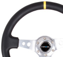 Reinforced Steering Wheel - 350mm Sport Steering Wheel (3\'\' Deep) - SILVER Spoke w/ Round holes / Black Leather / Yellow Center Mark