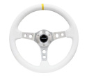 Reinforced Steering Wheel - 350mm Sport (3\'\' Deep) Silver Spoke, White Leather finish,White Stitch