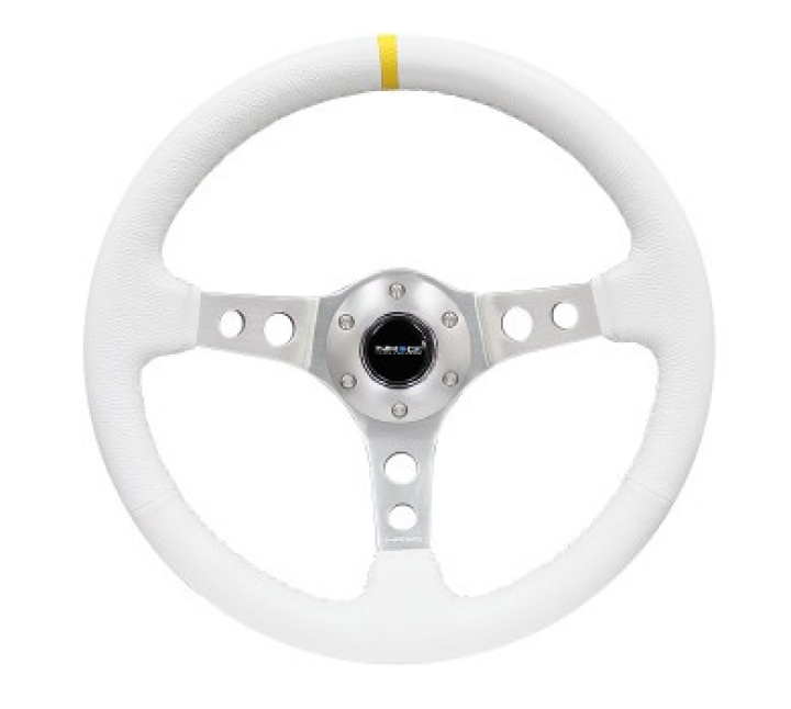 Reinforced Steering Wheel - 350mm Sport (3\'\' Deep) Silver Spoke, White Leather finish,White Stitch in the group Interior / Steering Wheels & Hubs / Sports steering wheels & Wooden steering wheels / Drifting Steering Wheels at DDESIGN Scandinavia AB (NRG-RST-006WT-Y)