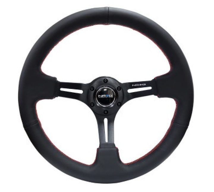 350mm Sport Steering Wheel 3\'\' deep, Black Leather with Red Stitching in the group Interior / Steering Wheels & Hubs / Sports steering wheels & Wooden steering wheels / Drifting Steering Wheels at DDESIGN Scandinavia AB (NRG-RST-018R-RS)