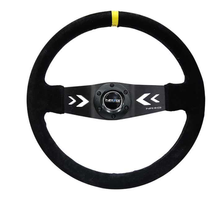 Reinforced Steering Wheel NRG Arrow cut out two spoke 350mm Sport Stereing Wheel Suede (3\'\' Deep) Black Suede, yellow Center Marking, in the group Interior / Steering Wheels & Hubs / Sports steering wheels & Wooden steering wheels / Drifting Steering Wheels at DDESIGN Scandinavia AB (NRG-RST-022S-Y)