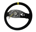 Reinforced Steering Wheel NRG Arrow cut out two spoke 350mm Sport Stereing Wheel Suede (3\'\' Deep) Black Suede, yellow Center Marking,