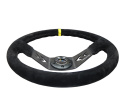 Reinforced Steering Wheel NRG Arrow cut out two spoke 350mm Sport Stereing Wheel Suede (3\'\' Deep) Black Suede, yellow Center Marking,
