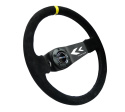 Reinforced Steering Wheel NRG Arrow cut out two spoke 350mm Sport Stereing Wheel Suede (3\'\' Deep) Black Suede, yellow Center Marking,
