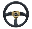 Reinforced Steering Wheel- 350mm Sport Leather Racing (2.5\'\' Deep) Comfort Grip 4mm metal gold spoke