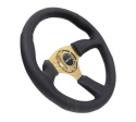 Reinforced Steering Wheel- 350mm Sport Leather Racing (2.5\'\' Deep) Comfort Grip 4mm metal gold spoke