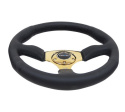 Reinforced Steering Wheel- 350mm Sport Leather Racing (2.5\'\' Deep) Comfort Grip 4mm metal gold spoke