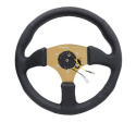Reinforced Steering Wheel- 350mm Sport Leather Racing (2.5\'\' Deep) Comfort Grip 4mm metal gold spoke