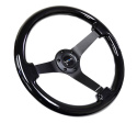 Reinforced Classic Black Wood Grain Wheel (3\'\' Deep, 4mm spoke),350mm,3 spoke center in Black Chrome