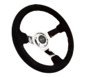 RACE STYLE - 350mm sport steering wheel blk Suede w/ red baseball stitching - CHROME spoke
