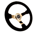 RACE STYLE - 350mm sport steering wheel blk Suede w/ red baseball stitching - CHROME GOLD spoke