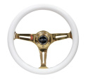Classic Wood Grain Wheel350mm 3 Chrome Gold SpokesWhite Grip NRG