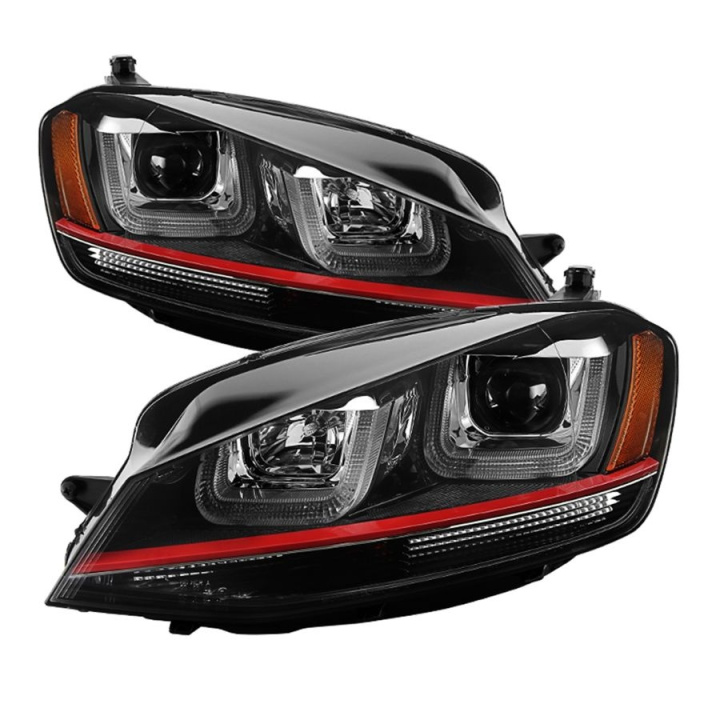 Volkswagen Golf VII 14-19 Projector Headlights - DRL LED - Red Stripe - Black Spyder Auto in the group Select car model / VW / Golf 7 Standard 12-19 / Styling at DDESIGN Scandinavia AB (PRO-YD-VG15-RED-DRL-BK)