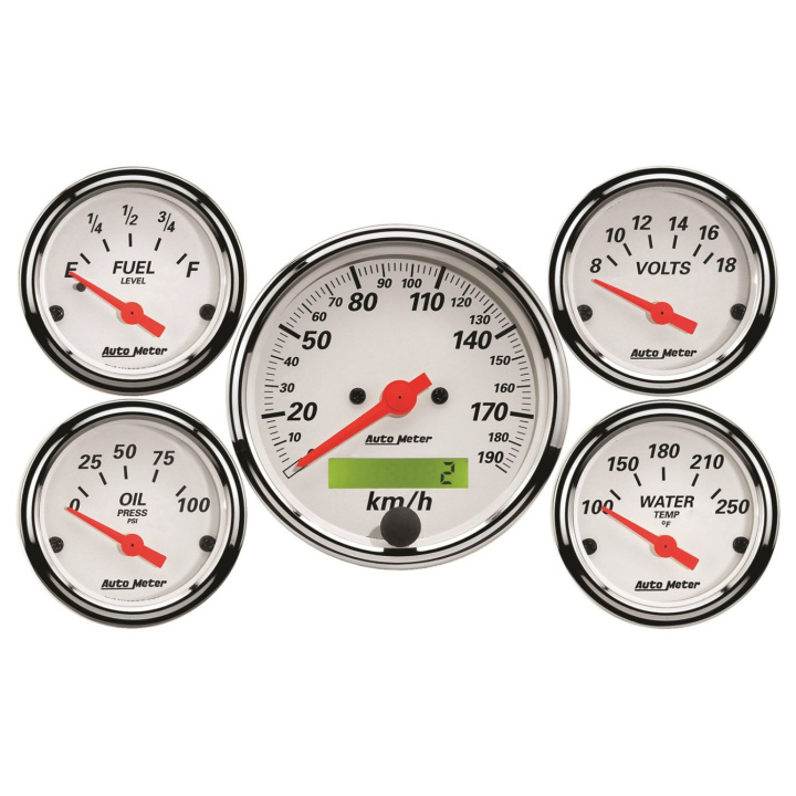 Mätarkit 5st 3 1/8\'\' & 52mm (Elektrisk). KM/H SPEEDO. ARCTIC Vit in the group Interior / Gauges / Gauges & Gauge Holders / AutoMeter / All products from Autometer at DDESIGN Scandinavia AB (atm1302-M)