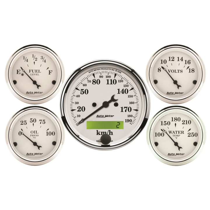 Mätarkit 5st 3 1/8\'\' & 52mm (Elektrisk). KM/H SPEEDOMETER OLD TYME Vit in the group Interior / Gauges / Gauges & Gauge Holders / AutoMeter / All products from Autometer at DDESIGN Scandinavia AB (atm1602-M)