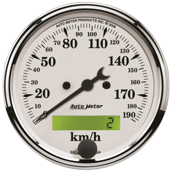 Hastighetsmätare 3 1/8\'\' 190KM/H (Elektrisk). PROG. W/ LCD ODO OLD TYME Vit in the group Interior / Gauges / Gauges & Gauge Holders / AutoMeter / All products from Autometer at DDESIGN Scandinavia AB (atm1688-M)