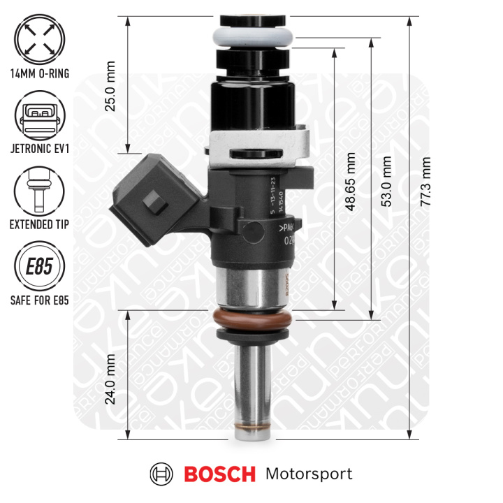 Bosch injector 1200cc, 53mm (EV14S), 4pcs flow matched Nuke Performance in the group Tuning / Fuel system / Injectors at DDESIGN Scandinavia AB (nuke-132-04-120)